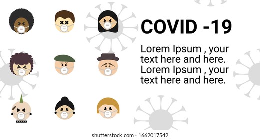 Cartoon characters with face mask for Covid-19 protection on white background with virus shape pattern. Copy space for text with dummy wording.