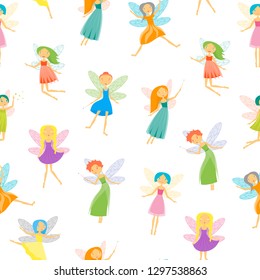 Cartoon Characters Fairies Seamless Pattern Background on a White Cute Fantasy Magic Girls with Wings Concept Element Flat Design Style. Vector illustration of Fairy