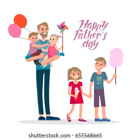Cartoon characters of family. Dad and his children celebrating father's Day. Inscription Happy father's day.