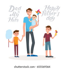 Cartoon characters of family. Dad and his children celebrating father's Day. Inscription Dad is my hero.