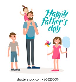 Cartoon characters of family. Dad and his children celebrating father's Day. 