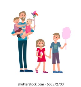 Cartoon characters of family. Dad and his children celebrating father's Day. Dad is my hero.