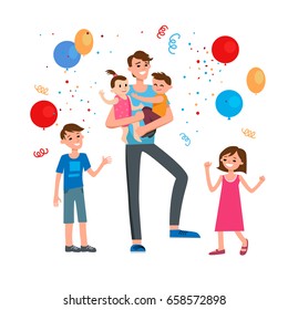 Cartoon characters of family. Dad and his children celebrating father's Day. Dad is my hero.