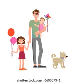 Cartoon characters of family. Dad and his children and dog walk. 