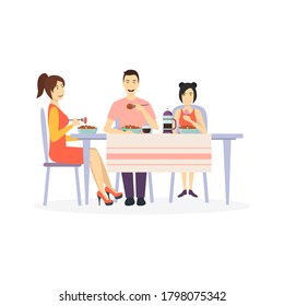 Cartoon Characters Family Eating Together at Dining Table Scene Concept Flat Design. Vector illustration of Celebration