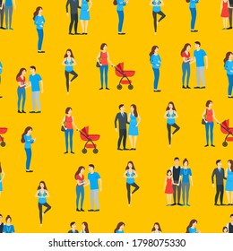 Cartoon Characters Family Pregnancy Parents and Baby Seamless Pattern Background Include of Young Woman, Couple, Man and Newborn, Parenthood Concept. Vector illustration