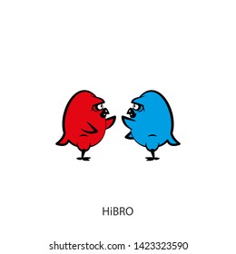 Cartoon characters farm birds. Funny colored cool chickens stand wings welcoming each other. Vector. Conceptual. Hi bro! Brothers. Meeting or farewell.