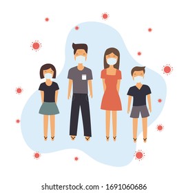 The cartoon characters' father, mother, daughter, son, standing in a mask to prevent infection. And with the COVID-19 Coronavirus icon around the family characters Vector illustration