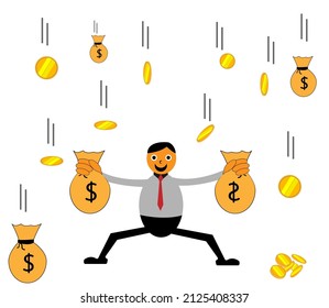 cartoon characters feel a lot of hard earned money, businessman happy under falling raining money shower