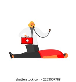 Cartoon characters of a female doctor are  assessing a patient at scene.