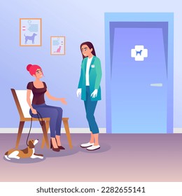 Cartoon characters of female veterinarian talking with dog owner. Professional healthcare services for domestic animals. Veterinary clinic worker. Vector