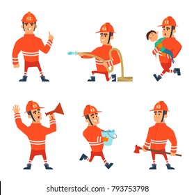 Cartoon characters of firefighters in action poses. Vector firefighter emergency, illustration of fireman