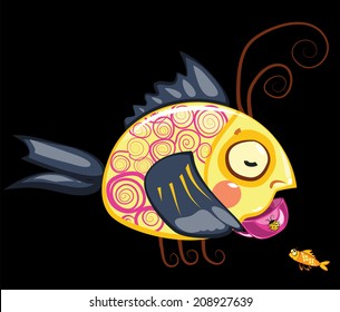 cartoon characters, fish drinking cup of tea and small one
