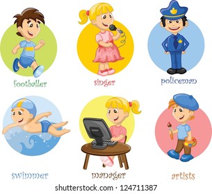Cartoon characters footballer, manager, swimmer, policeman,singer, artist