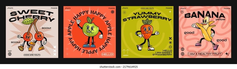 Cartoon Figuren Früchte und Beeren im Retro-Poster-Stil, lustige bunt doodle Stil Charaktere, Kirsche, Apfel, Erdbeere, Banane. Vektorgrafik mit Typografie-Elementen