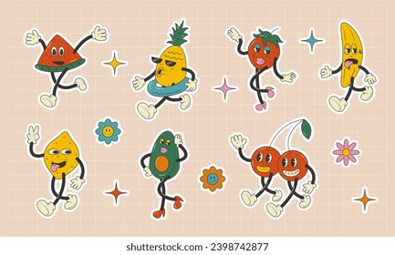 Caracteres de dibujos animados frutos en estilo groovy.Conjunto de pegatinas retro.Ilustración de material vectorial.