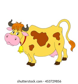 Cartoon characters funny cow. A cow with a bell. Vector isolated.