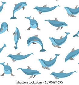 Cartoon Characters Funny Dolphin Seamless Pattern Background on a White Ocean Mammal Different Poses Concept Element Flat Design Style. Vector illustration of Dolphins