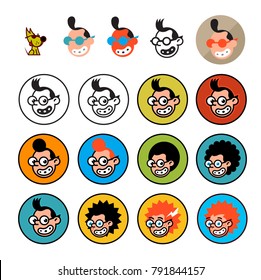 Cartoon characters geeks in a flat style. Vector image isolated on white background. Comics logo of the company. Avatar, icons of characters for print and site. Geek characters for the company.