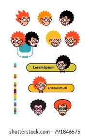 Cartoon characters geeks in a flat style. Vector image isolated on white background. Comics logo of the company. Avatar, icons of characters for print and site. Geek characters for the company.