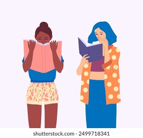 Cartoon Characters Girls Reading Books Set Young Activity in Library Concept Flat Design Style. Vector illustration of Women Holding Books