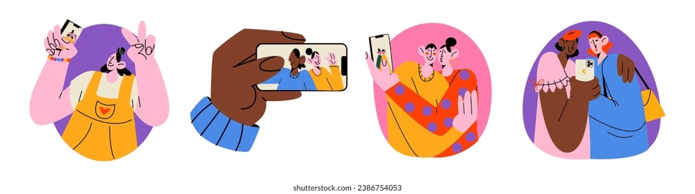 Cartoon characters girls taking selfie. Youth friendship concept online in smartphone. Video call hippie retro groovy women