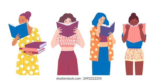 Cartoon Characters Girls That are Reading Set Readers Concept Flat Design Style . Vector illustration of Women Holding Books