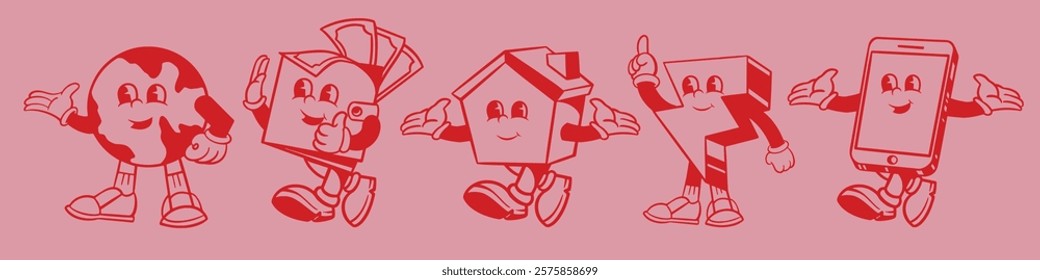 Cartoon characters of a globe, book, house, number, and phone, all smiling and walking. Red outlines on a pink background. Fun, playful, and educational theme. Cute cartoon elements, vector set.