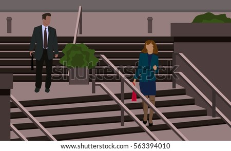 cartoon characters  going down the street stairs