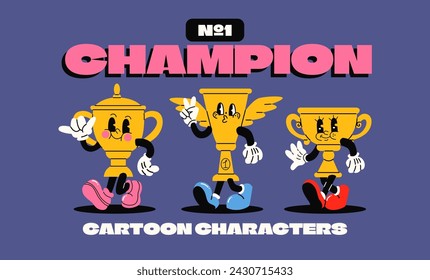 Cartoon characters gold cups prizes, winner award in retro 90s style. Vintage trophies, first place award. Competition ceremony, awarding the winner of the competition	