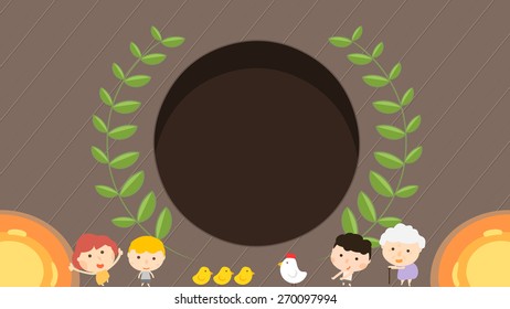 Cartoon characters grandma and kids playing on the wooden terrace with their pet chickens. Illustration of happy family reunion. A hollow space in the middle with laurel bay leaf wreath around.