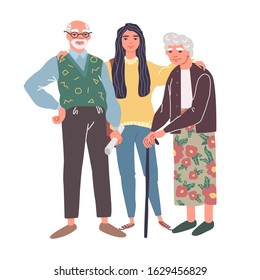 Cartoon characters of grandparents with granddaughter. Vector illustration of happy family