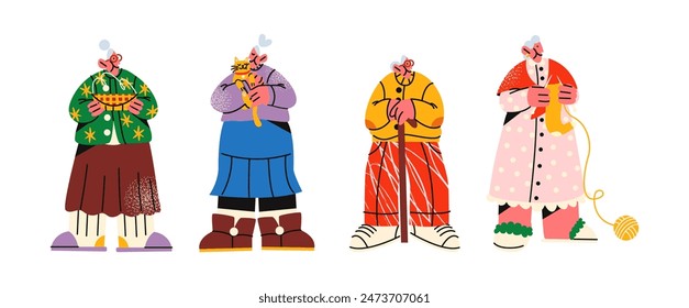 Cartoon characters granny elderly women. Set doodle mascots of elderly people, kind housewifely women with animals and a ball of thread. Vector groovy illustration