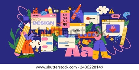 Cartoon characters graphic design workers, online chats and abstract frames. Geometric shapes, online worker concept with laptop in doodle style. Creative people artists with pencils. Business team