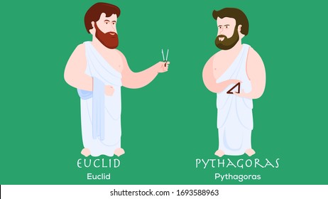 Cartoon characters of greek mathematicians and philosophers Phytagoras and Euclid. Philosophy, math, geometry and history.