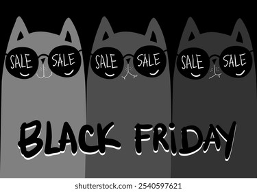 Personajes de dibujos animados gatos grises de compras. Gato negro enojado de Kawaii. Descuentos, rebajas, Black Friday. Anuncio en línea, volante, tarjeta, Cupón y otros