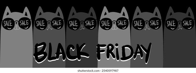 Personajes de dibujos animados gatos grises de compras. Gato negro enojado de Kawaii. Descuentos, rebajas, Black Friday. Anuncio en línea, volante, tarjeta, Cupón y otros