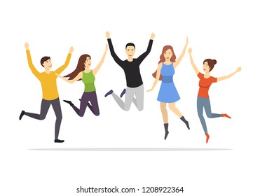Cartoon Characters Group of People Jumping Set Happy, Fun and Active Concept Element Flat Design Style. Vector illustration