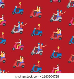 Cartoon Characters Group of People Riding Motorcycle Seamless Pattern Background Active Travel Concept Element Flat Design Style. Vector illustration