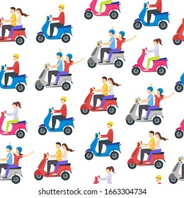 Cartoon Characters Group of People Riding Motorcycle Seamless Pattern Background on a White Active Travel Concept Element Flat Design Style. Vector illustration