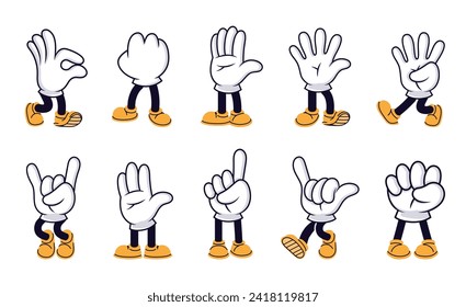 Personajes de dibujos animados con pies. Vector de dibujos animados lindo, ilustración cómica de personajes, mascota de piernas y guantes, colección de brazos aislada