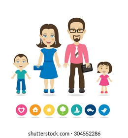 Cartoon characters - happy family with two children - mother, father, son and daughter. Editable vector colored flat illiustration, for kids game, print, poster, web design. 