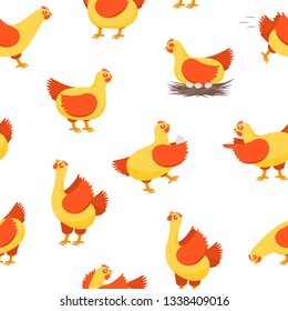 Cartoon Characters Happy Hens Seamless Pattern Background on a White Cute Chicken Concept Element Flat Design Style. Vector illustration of Character Hen Domestic Bird