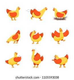 Cartoon Characters Happy Hens Set Cute Chicken Concept Element Flat Design Style. Vector illustration of Character Hen Domestic Bird