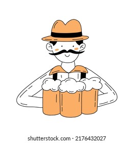 Cartoon characters in a hat with beers hand drawn outline illustration in doodle style isolated on white. Octoberfest concept.