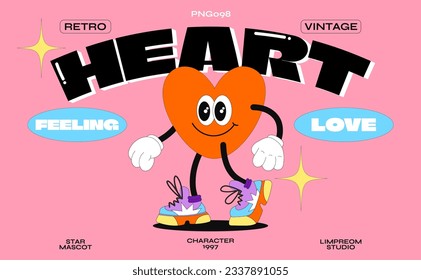 Personajes de caricatura de los 90. Afiche de Trandy. graciosos personajes coloridos al estilo doodle, el día de San Valentín. Ilustración vectorial con tipografía