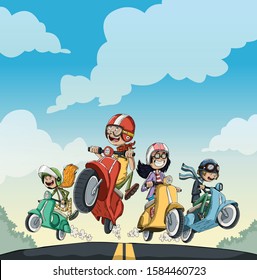 Cartoon characters with helmets riding scooters. People riding fast motorbikes.
