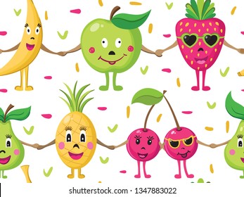 Cartoon characters holding hands. Seamless pattern with friendly fruit. Summer berries and fruits bask in the sun. 