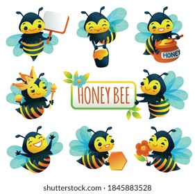 Cartoon characters of honey bee set of flat vector illustrations isolated on white background. Funny childish images of honey bee for prints and stickers.