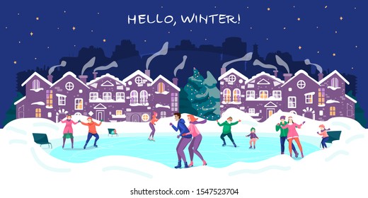 Cartoon characters ice skating. Young people, families, the elderly and children. Active rest in the fresh air. Winter new year and Christmas holidays.